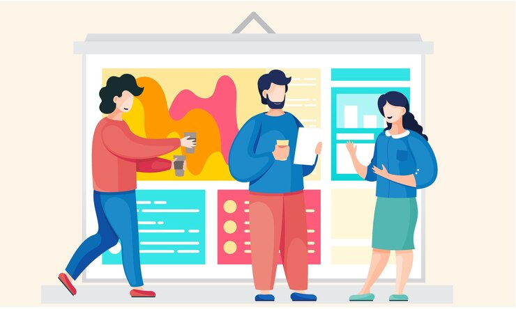Vector guys and a girl communicate during a break in the creative studio office staff working day business workflow management people spend time together men drink coffee and discuss with a woman