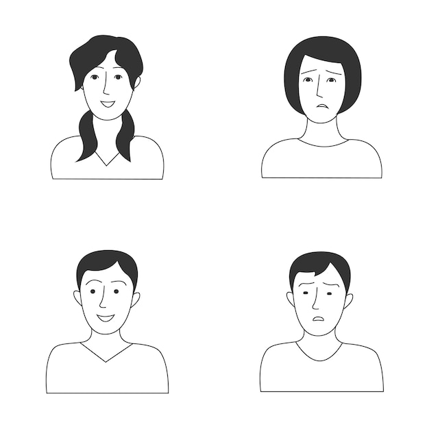 Guys and girls with happy and sad emotions Flat minimalistic illustration