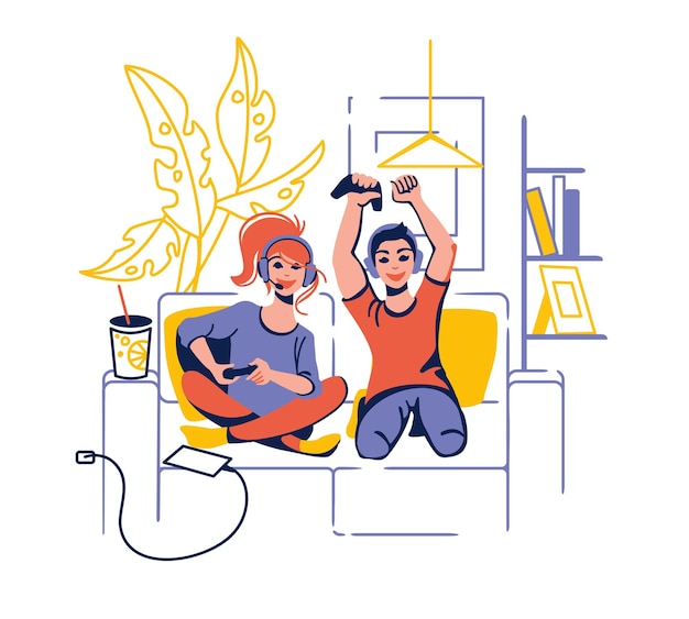 Guys playing on video games  fun time at home vector illustration