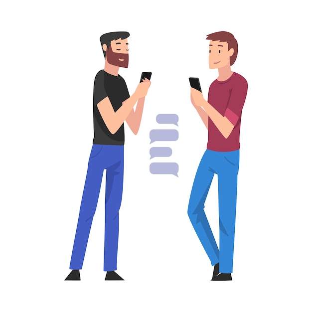 スマートフォンを持って立っている男たちデジタルガジェットのベクトルイラストを使用してインターネットを利用する若い男性たち