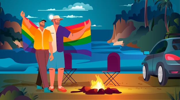 캠프파이어 주변의 해변 밤 파티에서 LGBT 무지개 깃발을 들고 있는 남자들 게이 레즈비언 사랑 퍼레이드 프라이드 페스티벌 트랜스젠더 사랑