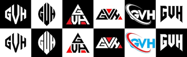 Vettore design del logo della lettera gvh in sei stili poligono gvh cerchio triangolo esagono stile piatto e semplice con logo della lettera con variazione di colore in bianco e nero impostato in una tavola da disegno logo gvh minimalista e classico