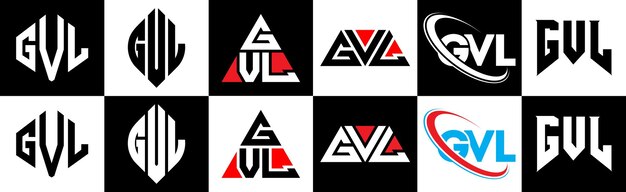 벡터 6가지 스타일의 gvl 문자 로고 디자인 gvl 다각형 원형 삼각형 육각형 평평하고 단순한 스타일(흑백 색상 변형 문자 로고가 하나의 아트보드에 설정됨) gvl 미니멀리스트 및 클래식 로고
