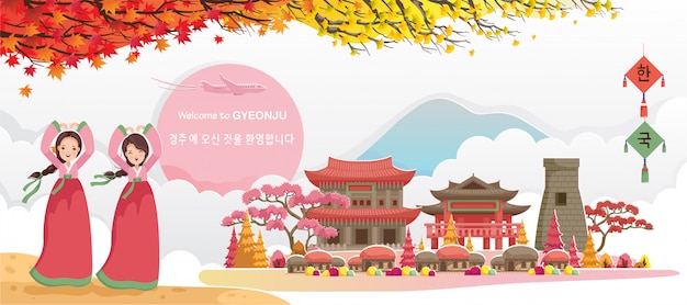 Gyeongju is reisoriëntatiepunten van Koreaans. Koreaanse reisposter en briefkaart. Welkom in gyeongju.