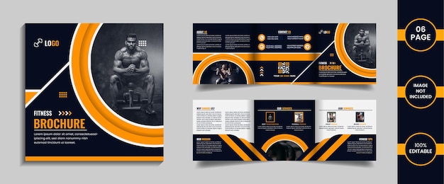 Gym 6 pagina vierkante driebladige brochure ontwerpsjabloon met gele kleur abstracte vormen en gegevens.