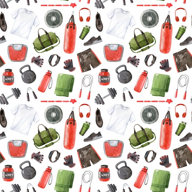 Gym accessories and equipmentwatercolor vector seamless pattern Hand drawn illustration