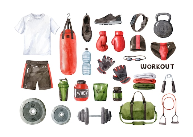 Vettore set di clipart ad acquerello di accessori per la palestra attrezzature per il fitness abbigliamento per l'allenamento maschile nutrizione sportiva