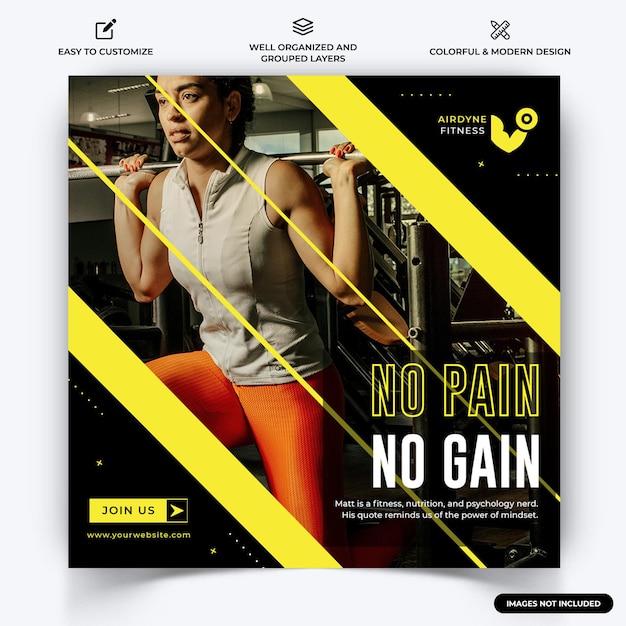 Спортзал и фитнес instagram пост веб-баннер шаблон вектор premium векторы