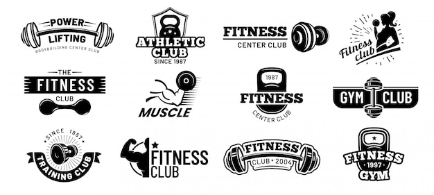 Vector gym badges. bodybuilding stencil label, fitness monochroom silhouet badge en atleet spieren vector illustratie set