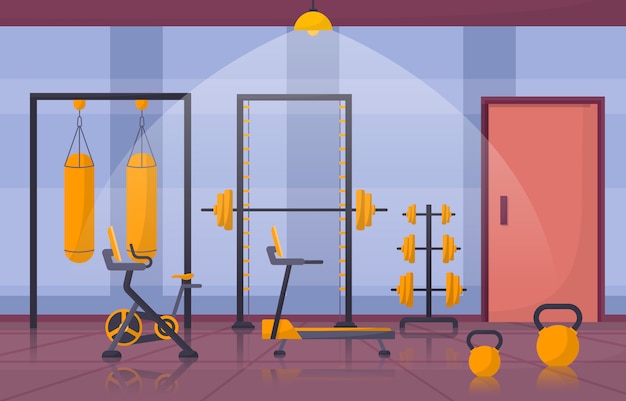 Gym center interior sport club fitness weight bodybuilding equipment   illustration