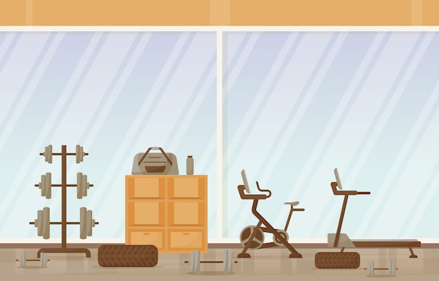 Vector gym center interior sport club fitness weight bodybuilding equipment illustration