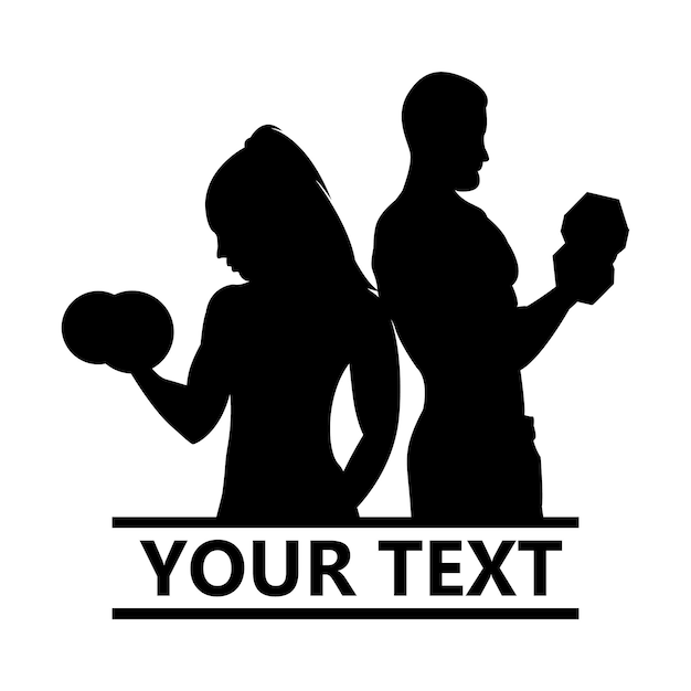 GYM. Dumbbells. Fitness. Silhouette. Sport. Man and woman in training. Bodybuilding. Logo.