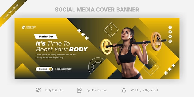 Vector gym en fitness facebook cover banner sjabloonontwerp