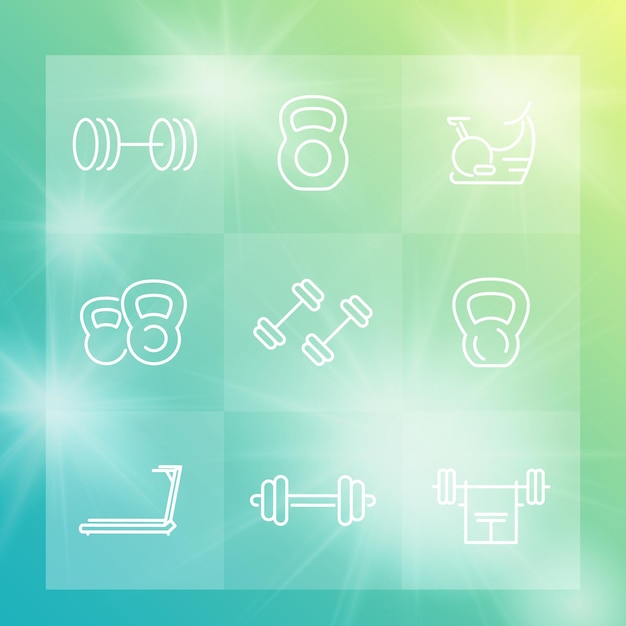 Gym equipment line icons set workout fitness training exercise