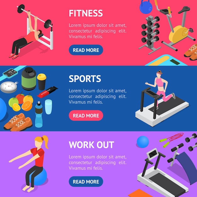 Gym exercise equipment banner horizontal set isometric view vector