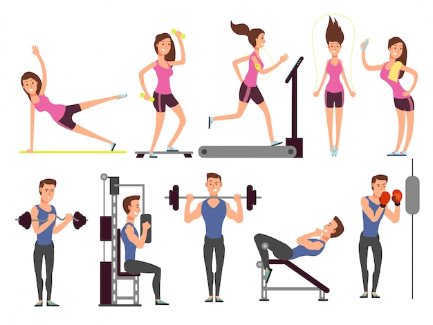 Premium Vector  Exercise ball workout set. idea of body health and training  in the gym. healthy lifestyle. workout with equipment. illustration in  cartoon style