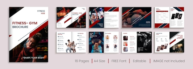 Vector gym and fitness 16 page bi-fold brochure template