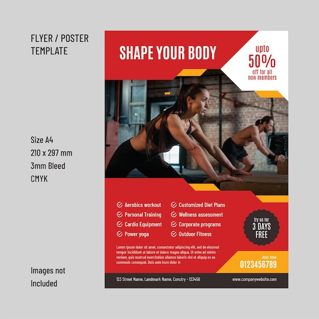 Vector gym, fitness or bodybuilding flyer or poster design template