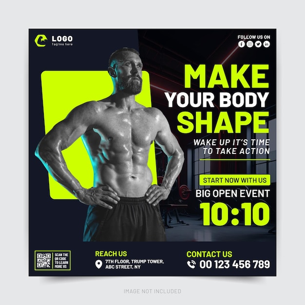 Gym fitness en sport sociale media post sjabloonontwerp moderne vierkante banner abstracte vorm