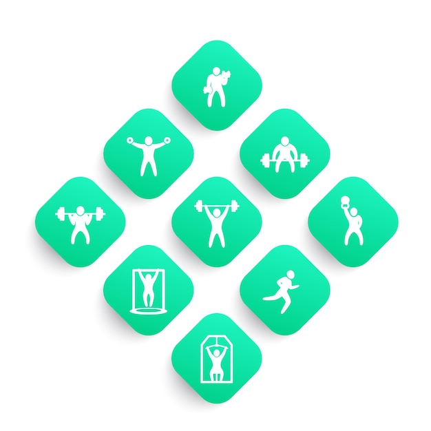 Gym, fitness exercises icons set, workout, training, bodybuilding, weightlifting