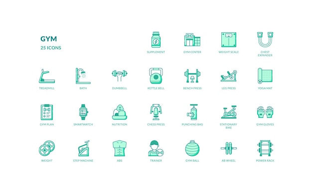 gym fitness healthy training bodybuilding workout filled line icon set