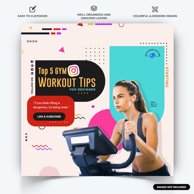 Gym and Fitness Instagram post web banner template vector Premium Vector