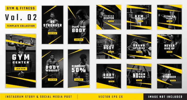 gym & fitness instagram story and social media post template collection