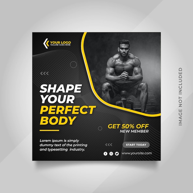 Vector gym and fitness social media post banner or square flyer template