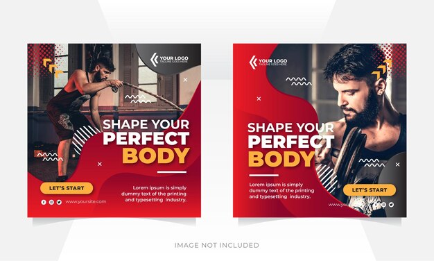 Vector gym and fitness social media post banner or square flyer template