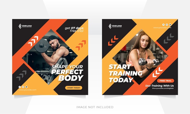 Vector gym and fitness social media post banner or square flyer template