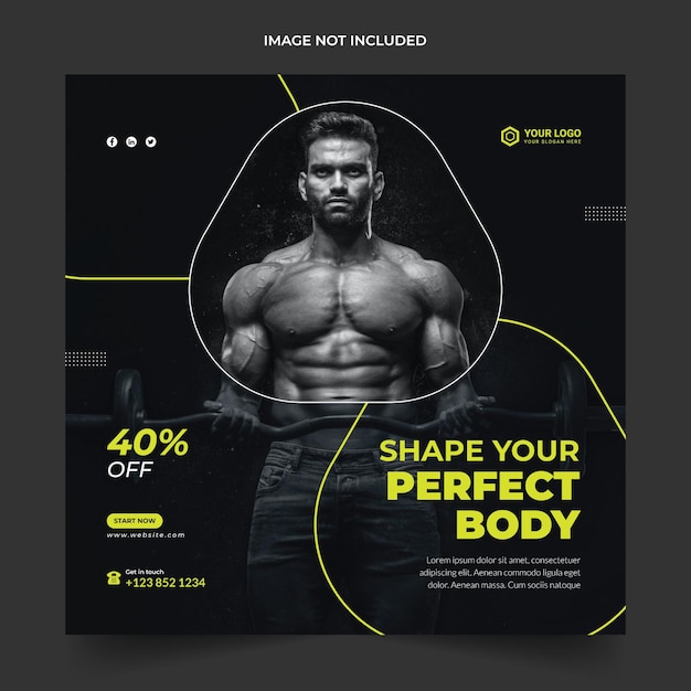 Gym and fitness social media post banner or square flyer template