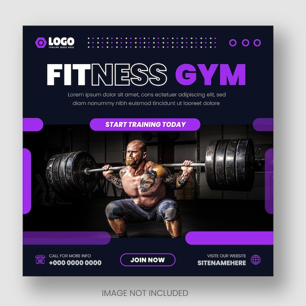 gym and fitness social media post design pack with multi color unique shapes