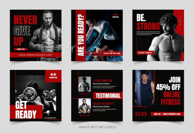 Palestra e fitness post sui social media, banner quadrato, collezione di set da palestra, design di banner fitness