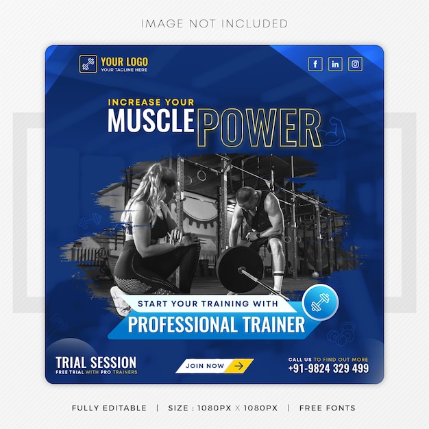 Gym Fitness Social Media Post and Square Flyer Template Design