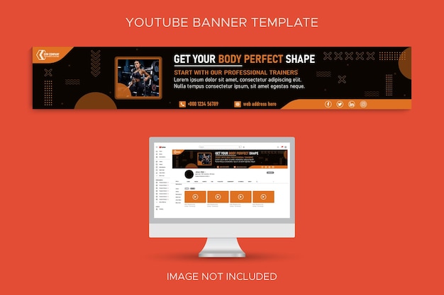 Gym and fitness social media YouTube channel profile banner vector template