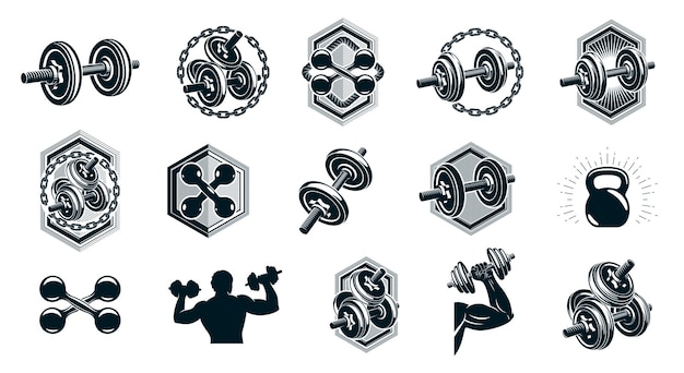 Gym fitness sport emblemen en logo's vector set geïsoleerd met halters halters kettlebells en spier lichaam man silhouetten en handen, atletiek training sportclub, actieve levensstijl.