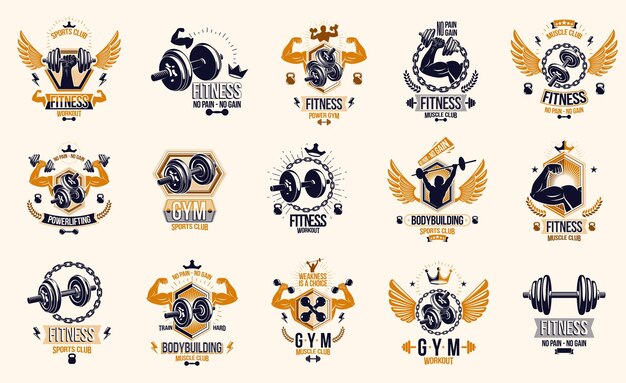 Gym fitness sport emblems and logos vector set isolated with barbells dumbbells kettlebells and muscle body man silhouettes and hands, athletics workout sport club, active lifestyle.