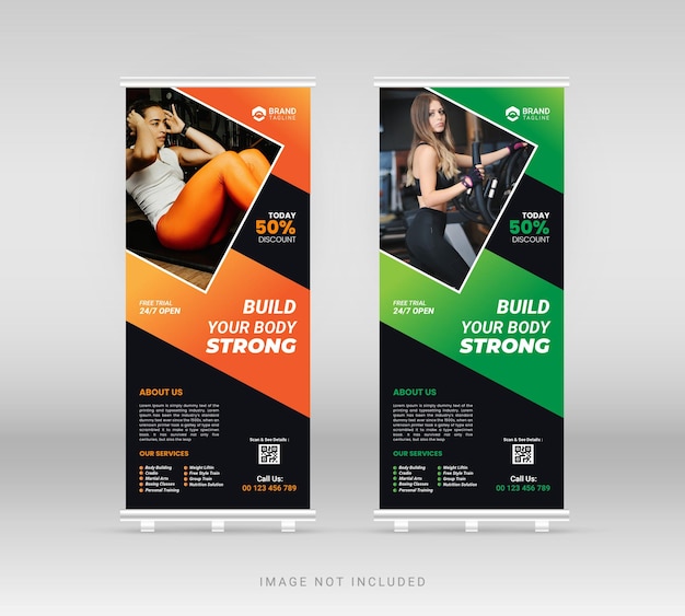 Vector gym fitness sports rollup banner design template