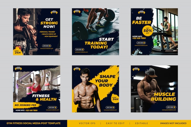 Vector gym fitness square banner template set