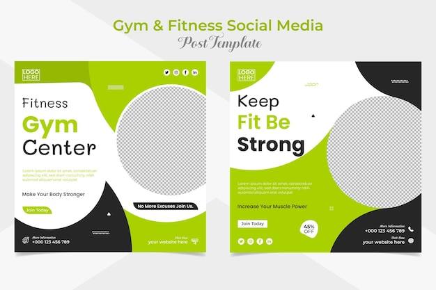 Vettore volantino quadrato per palestra e fitness e set di design del modello di banner post sui social media di facebook e instagram