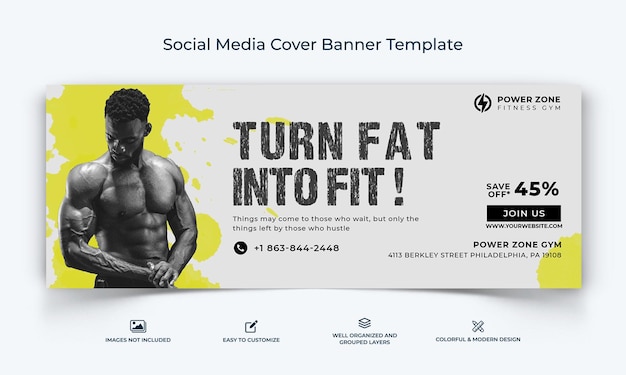 Gym and Fitness Studio social media facebook cover banner template premium vector