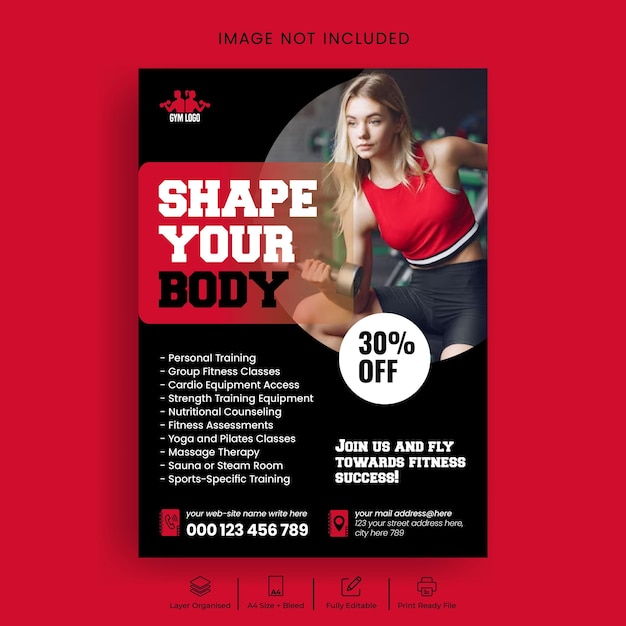 Studio di fitness e allenamento sportivo modello di volantino o poster stampato sullo sfondo nero e rosso