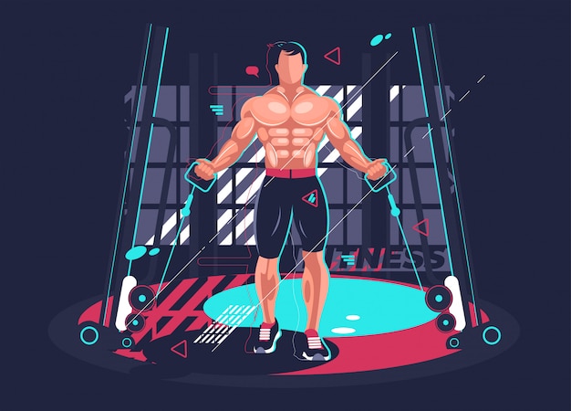 Vector gym fitness with strong man. vector illustration