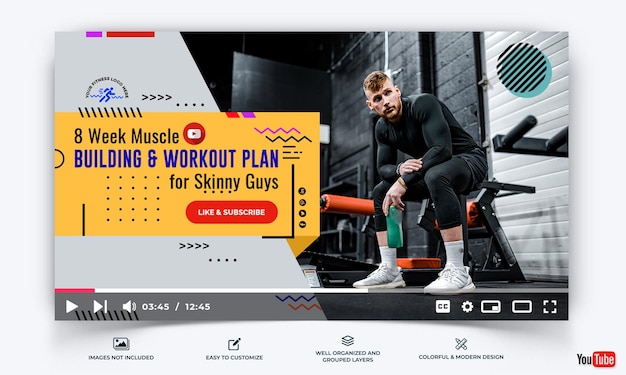 Vettore modello vettoriale premium thumbnail di youtube per palestra e fitness