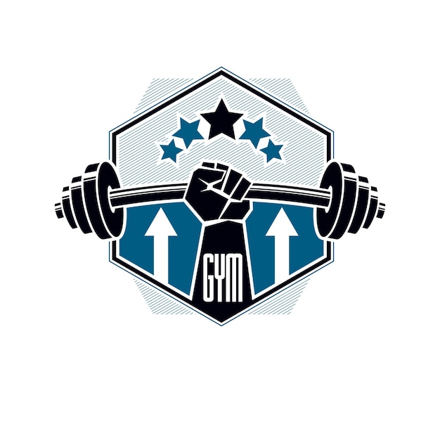 Gym Gewichtheffen en fitness sportclub logo, retro gestileerde vector embleem of badge. Met barbell en sterke handvuist.