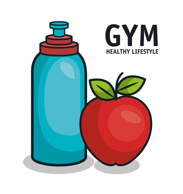 gym healthy lifestyle bottle water and apple design