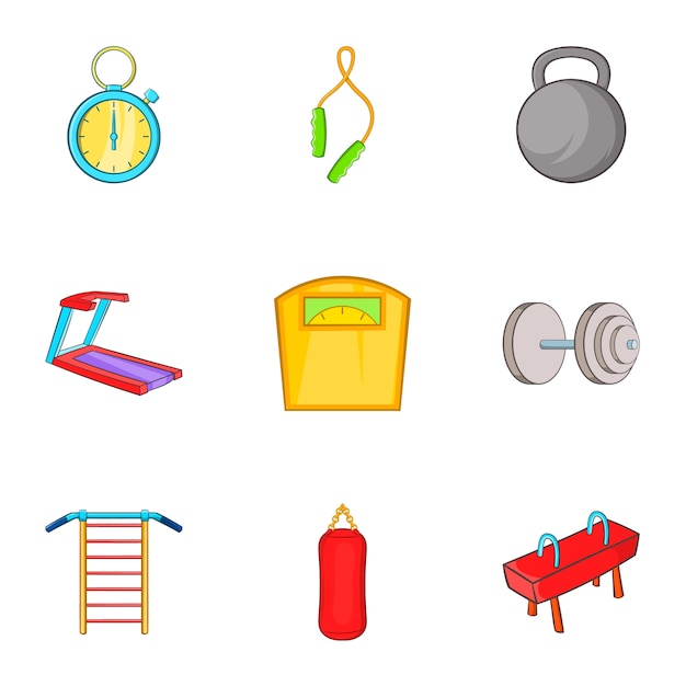 Gym icons set, cartoon style