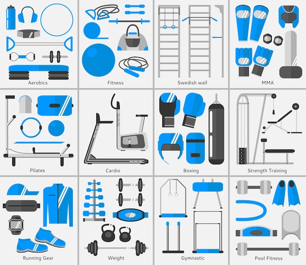 ジムのアイコンを設定します。ジムの設備。スポーツクラブ。フラットなデザイン