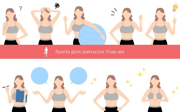 Gym instructor woman pose set questioning worrying encouraging pointing etc