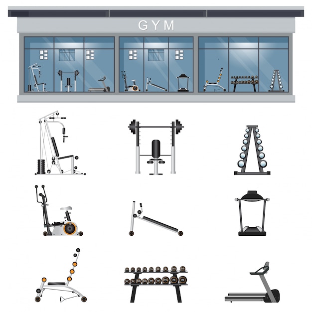 Gym interior icon set with fitness gym equipment  on background.